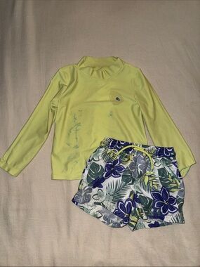 Carters Kids Neon Yellow Rash Guard Top and Tropical Floral Swim Shorts Set
